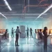Imagem de um escritório moderno com rack de servidores e funcionários utilizando tecnologia avançada, ilustrando como a infraestrutura de TI impulsiona o crescimento empresarial.